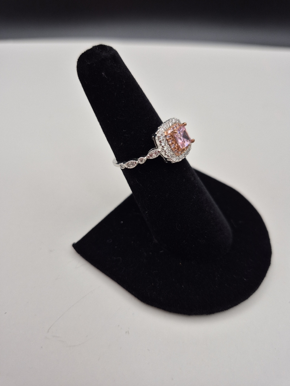 Sterling Silver Halo Cushion-Cut Pink Center Ring - Picture 2 of 4